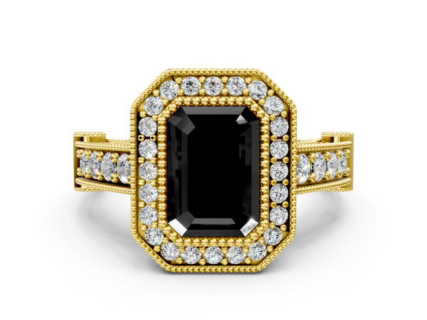 Yellow Gold Emerald Cut Vintage Bezel Halo Engagement Ring Setting for Black Center