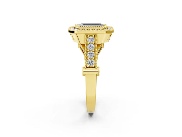 Yellow Gold Emerald Cut Vintage Bezel Halo Engagement Ring Setting for Black Center