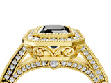 Yellow gold Fancy Black Emerald Cut Halo Diamond Split Shank Pave Ring_4