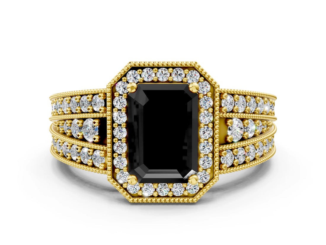 Yellow gold Fancy Black Emerald Cut Halo Diamond Split Shank Ring with Prong Setting_12