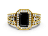 Yellow gold Fancy Black Emerald Cut Halo Diamond Split Shank Ring with Prong Setting_12