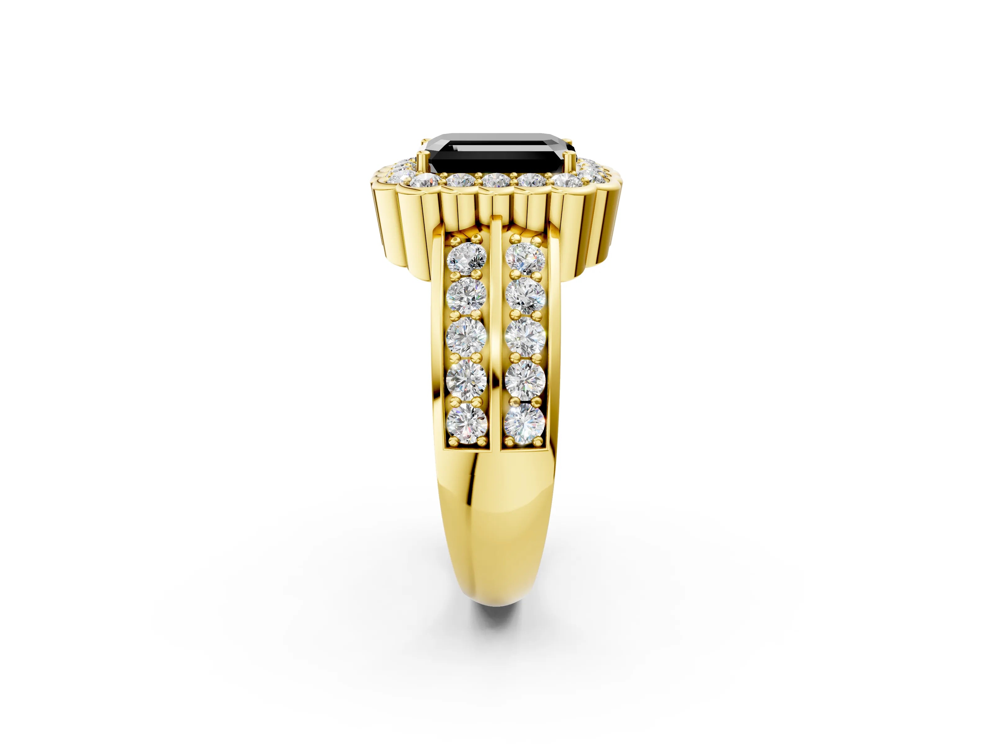 Yellow gold Fancy Black Emerald Cut Halo Diamond Split Shank Ring with Scalloped Prong Setting_2