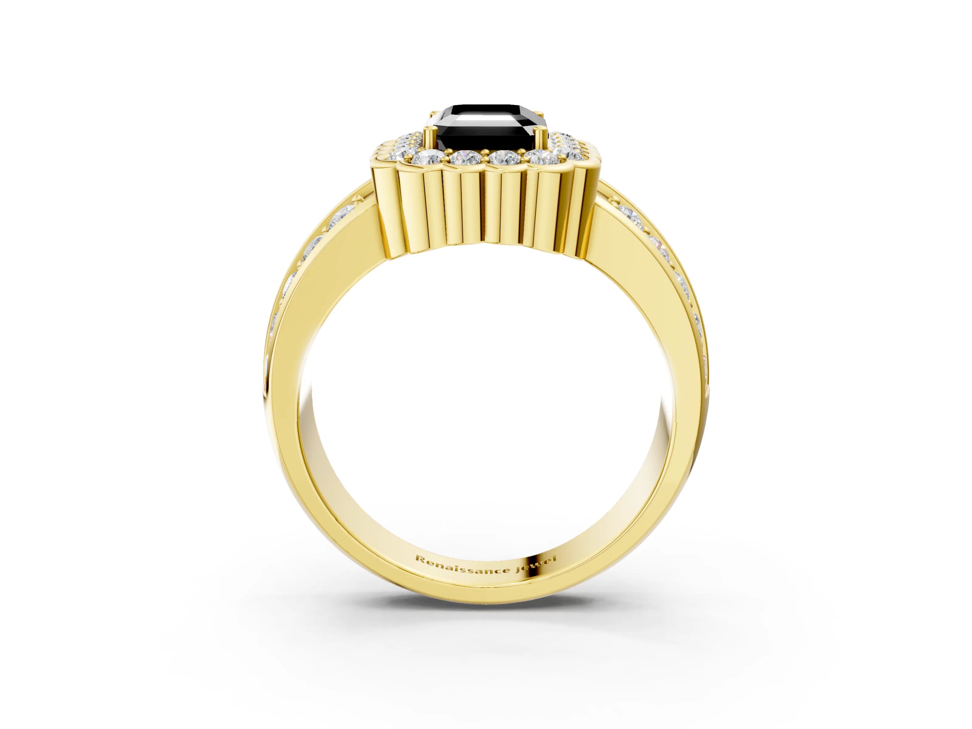 Yellow gold Fancy Black Emerald Cut Halo Diamond Split Shank Ring with Scalloped Prong Setting_3