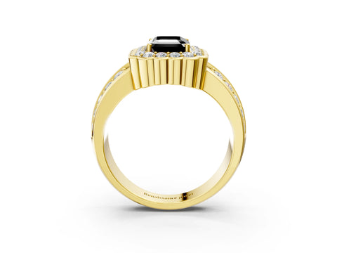 Yellow gold Fancy Black Emerald Cut Halo Diamond Split Shank Ring with Scalloped Prong Setting_3