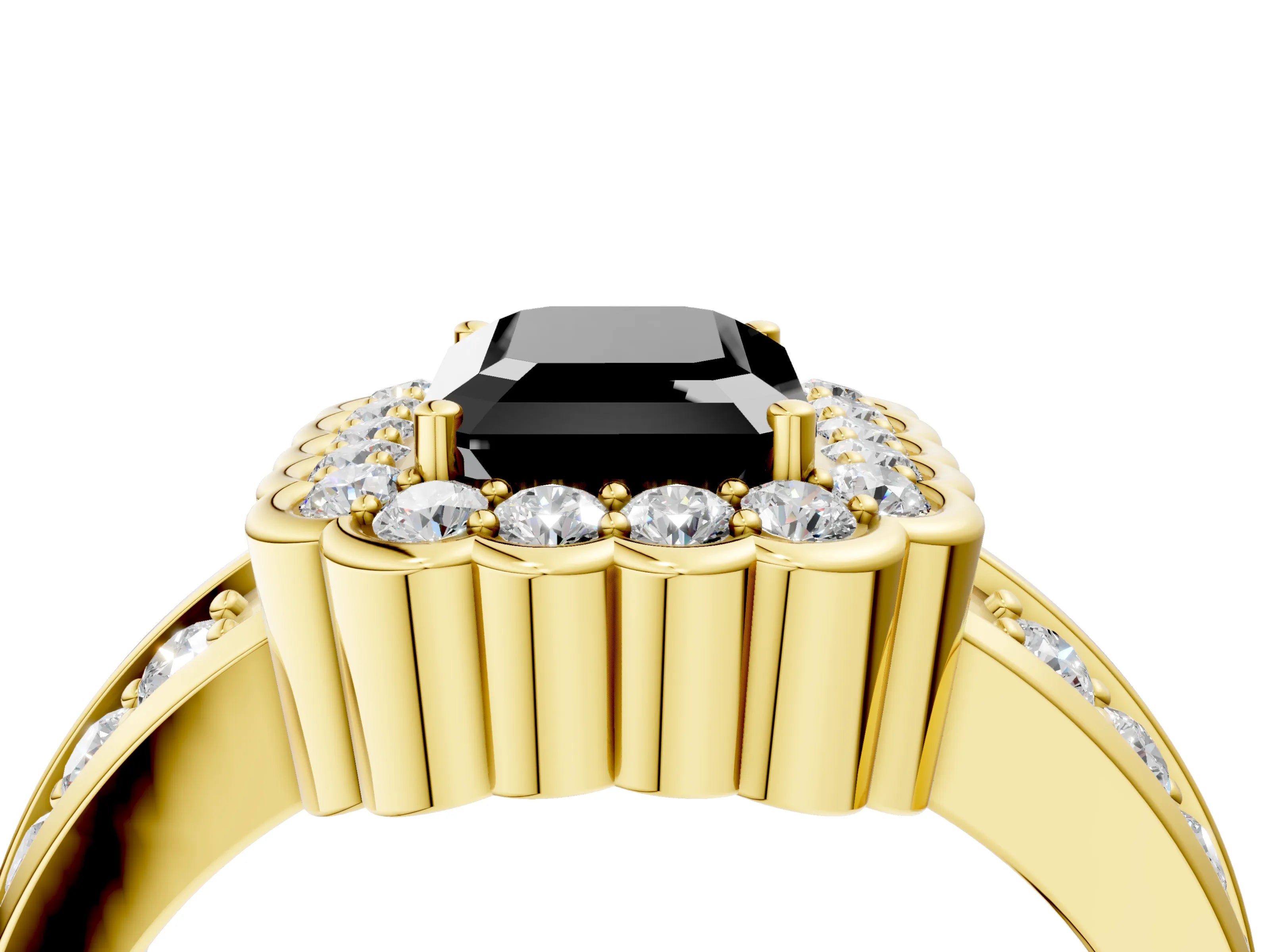 Yellow gold Fancy Black Emerald Cut Halo Diamond Split Shank Ring with Scalloped Prong Setting_4
