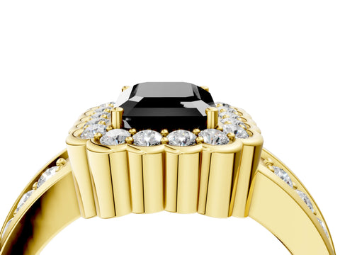 Yellow gold Fancy Black Emerald Cut Halo Diamond Split Shank Ring with Scalloped Prong Setting_4