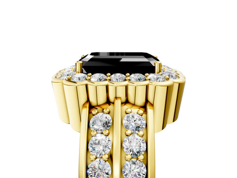 Yellow gold Fancy Black Emerald Cut Halo Diamond Split Shank Ring with Scalloped Prong Setting_5