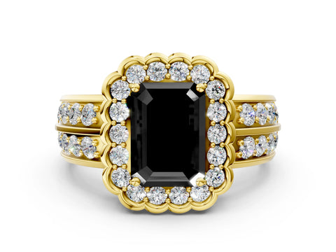 Yellow gold Fancy Black Emerald Cut Halo Diamond Split Shank Ring with Scalloped Prong Setting