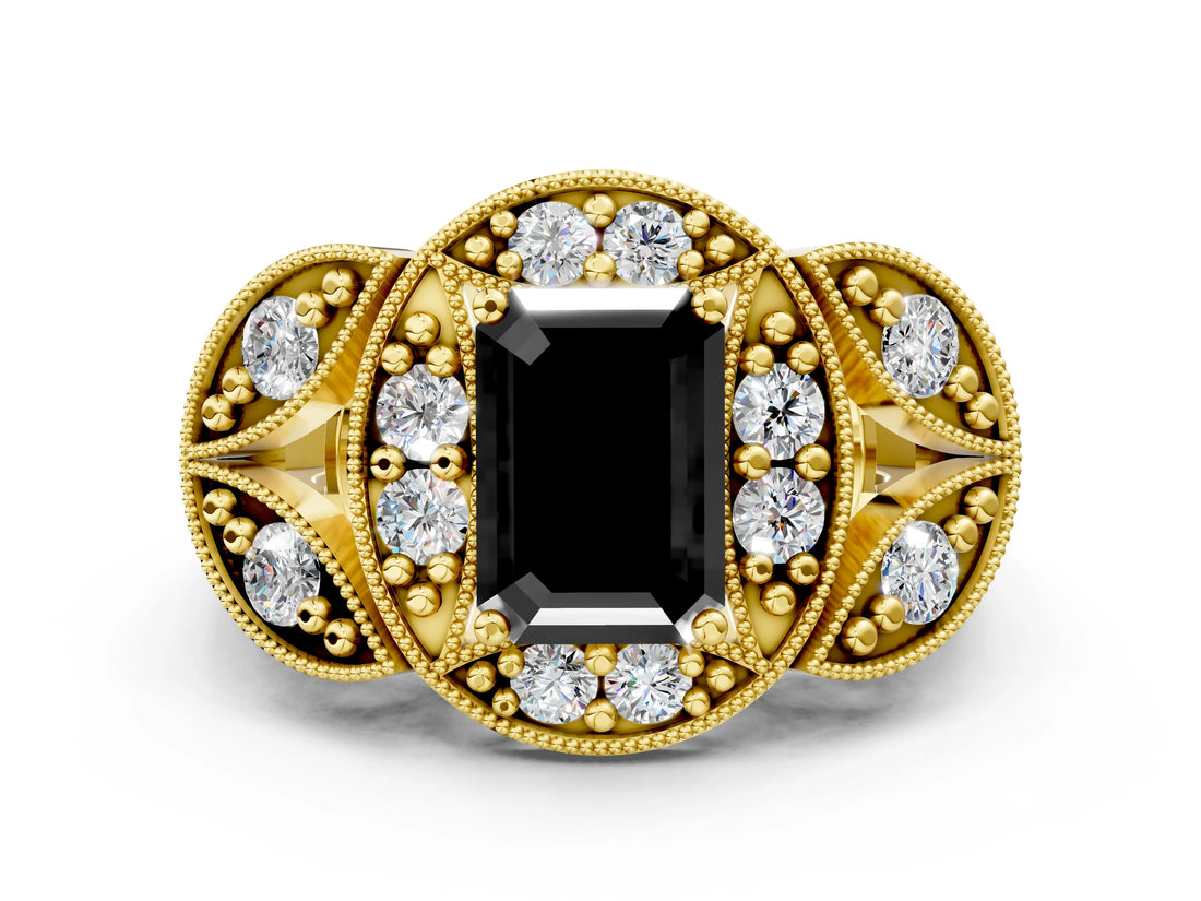Yellow gold Fancy Black Emerald Cut Halo Milgrain Diamond Engagement Ring with Leaf Band and Four-Prong Setting