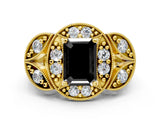 Yellow gold Fancy Black Emerald Cut Halo Milgrain Diamond Engagement Ring with Leaf Band and Four-Prong Setting