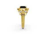 Yellow gold Fancy Black Emerald Cut Halo Milgrain Diamond Engagement Ring with Leaf Band and Four-Prong Setting_2