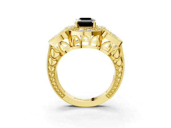 Yellow gold Fancy Black Emerald Cut Halo Milgrain Diamond Engagement Ring with Leaf Band and Four-Prong Setting