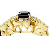Yellow gold Fancy Black Emerald Cut Halo Milgrain Diamond Engagement Ring with Leaf Band and Four-Prong Setting_4
