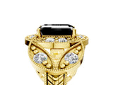 Yellow gold Fancy Black Emerald Cut Halo Milgrain Diamond Engagement Ring with Leaf Band and Four-Prong Setting_5