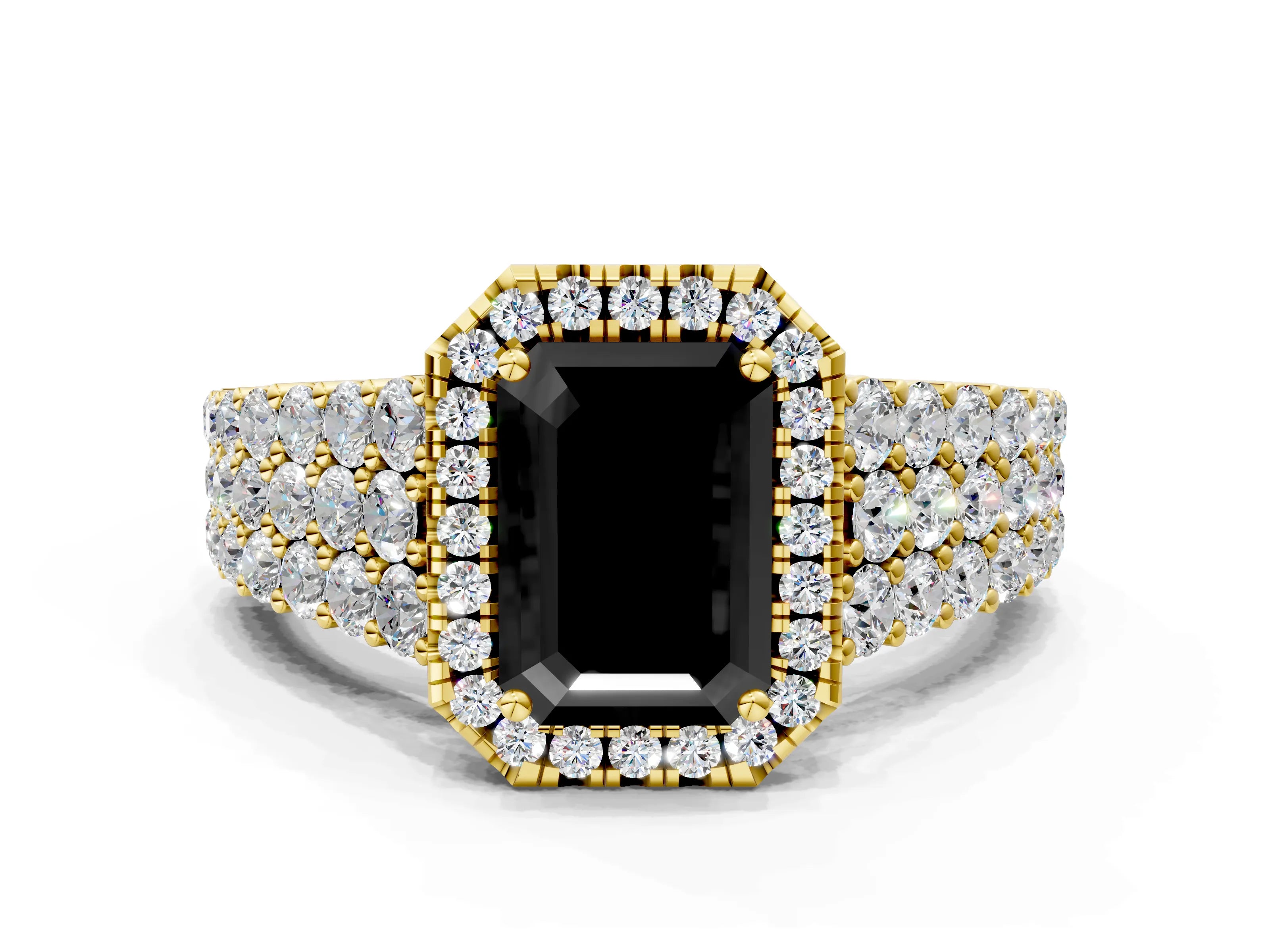Yellow gold Fancy Black Emerald Cut Halo Pavé Diamond Engagement Ring with Split Shank and Four-Prong Setting_3