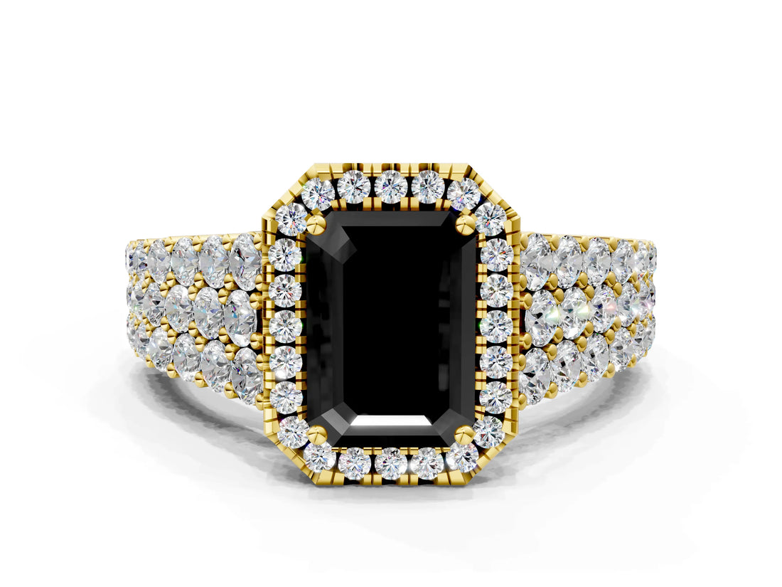 Yellow gold Fancy Black Emerald Cut Halo Pavé Diamond Engagement Ring with Split Shank and Four-Prong Setting_3