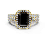 Yellow gold Fancy Black Emerald Cut Halo Pavé Diamond Engagement Ring with Split Shank and Four-Prong Setting_3