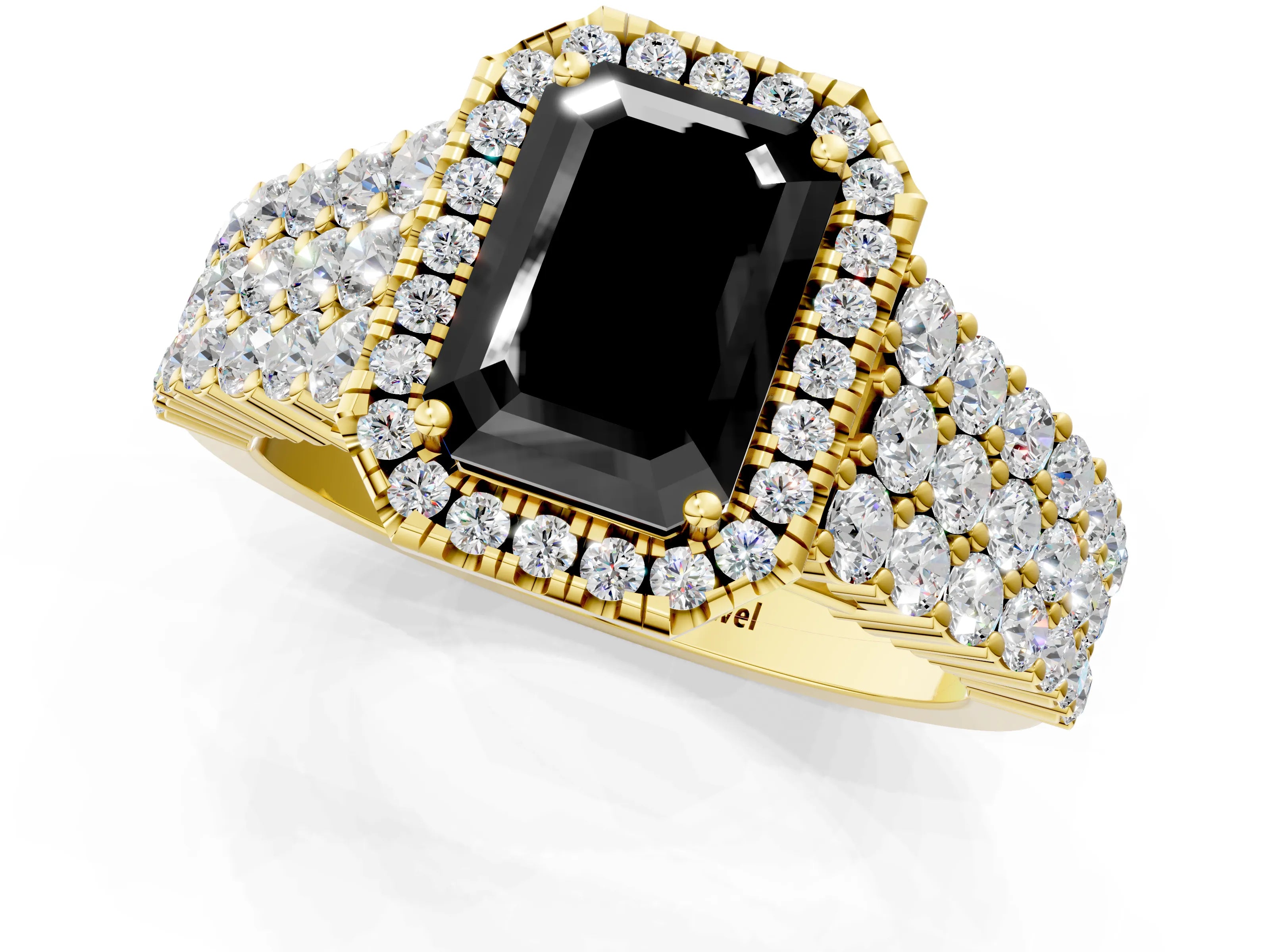 Yellow gold Fancy Black Emerald Cut Halo Pavé Diamond Engagement Ring with Split Shank and Four-Prong Setting_4