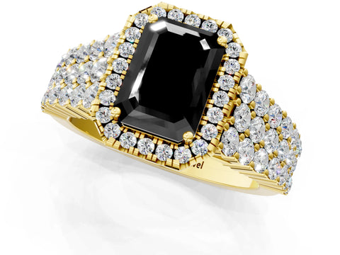 Yellow gold Fancy Black Emerald Cut Halo Pavé Diamond Engagement Ring with Split Shank and Four-Prong Setting_4