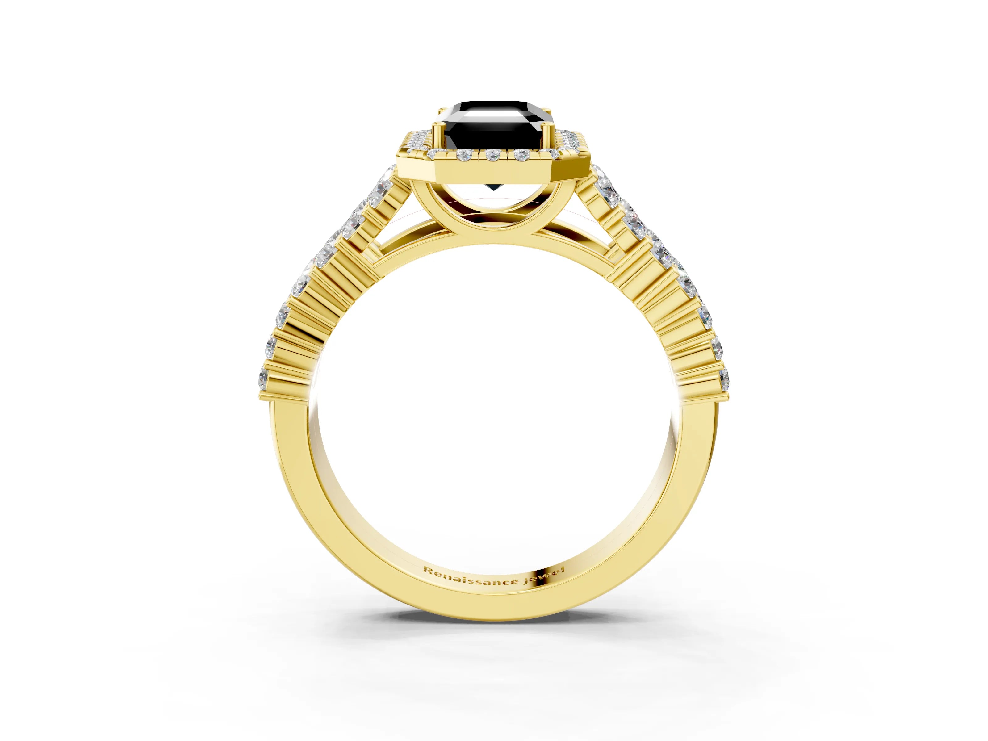 Yellow gold Fancy Black Emerald Cut Halo Pavé Diamond Engagement Ring with Split Shank and Four-Prong Setting_6
