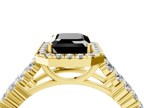 Yellow gold Fancy Black Emerald Cut Halo Pavé Diamond Engagement Ring with Split Shank and Four-Prong Setting_7