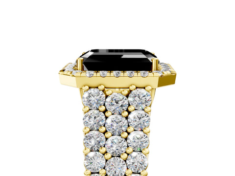 Yellow gold Fancy Black Emerald Cut Halo Pavé Diamond Engagement Ring with Split Shank and Four-Prong Setting_8