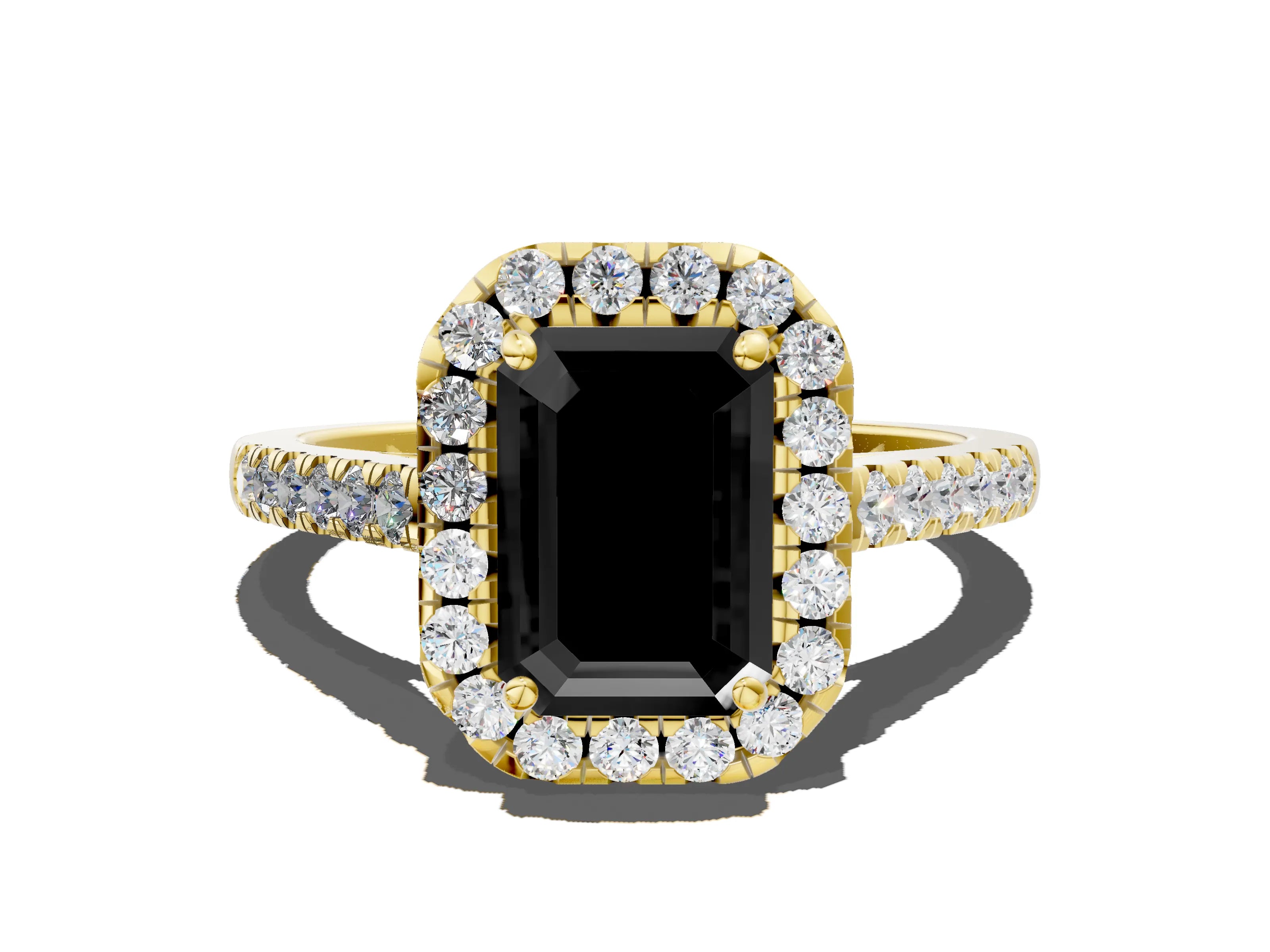 Yellow gold Fancy Black Emerald Cut Halo Pave Diamond Engagement Ring with Four-Prong Setting