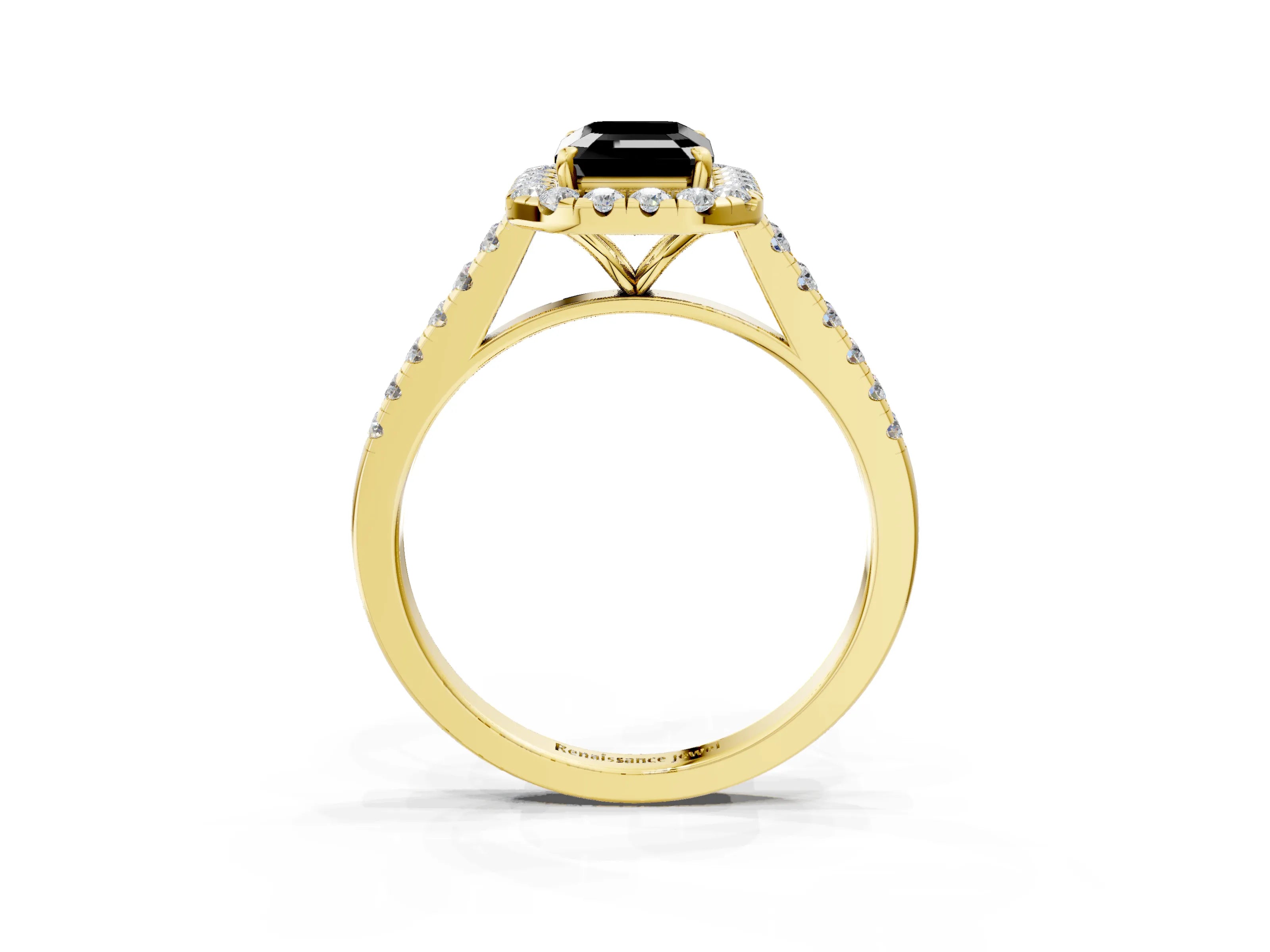 Yellow gold Fancy Black Emerald Cut Halo Pave Diamond Engagement Ring with Four-Prong Setting_3