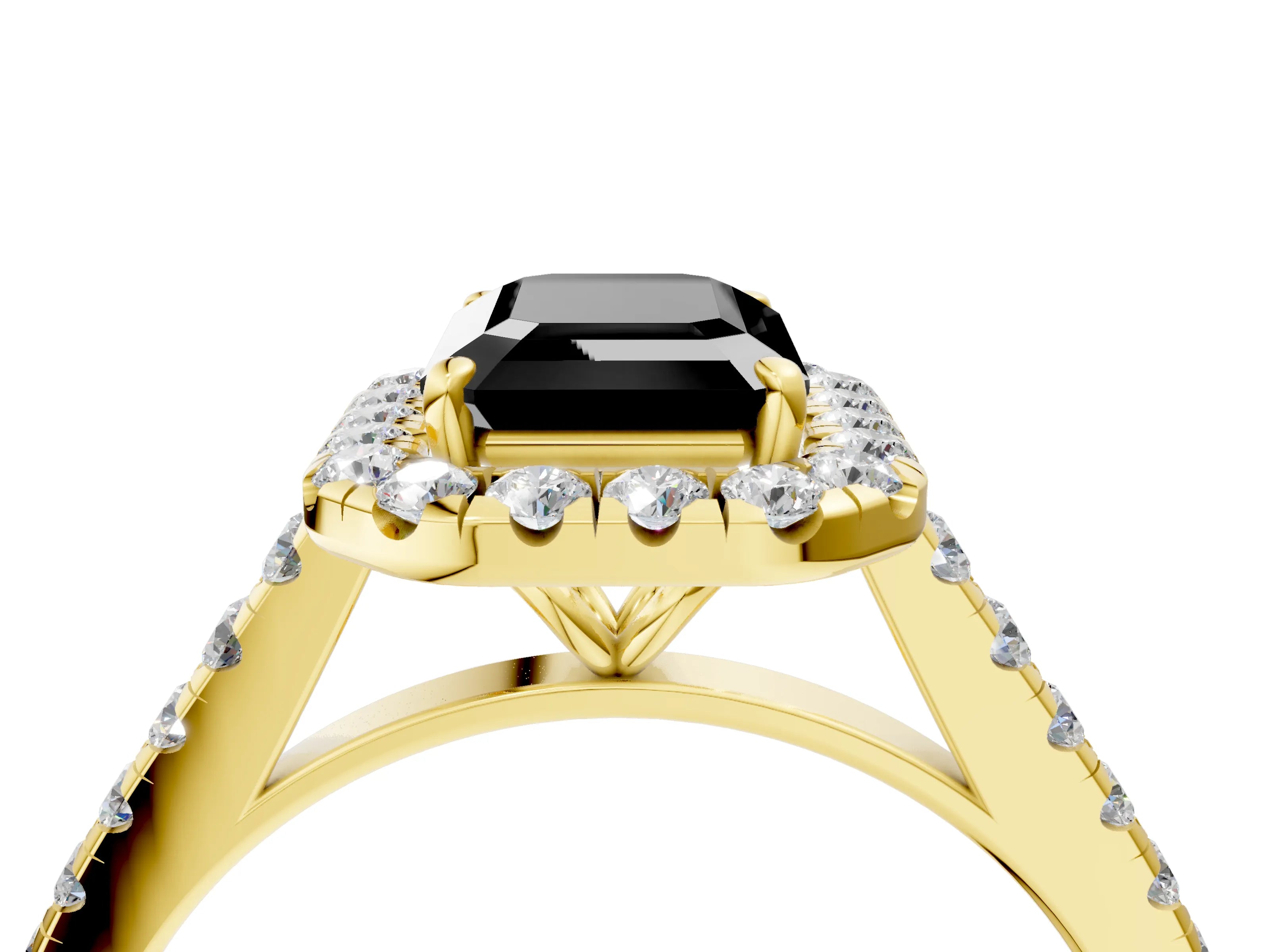 Yellow gold Fancy Black Emerald Cut Halo Pave Diamond Engagement Ring with Four-Prong Setting_4