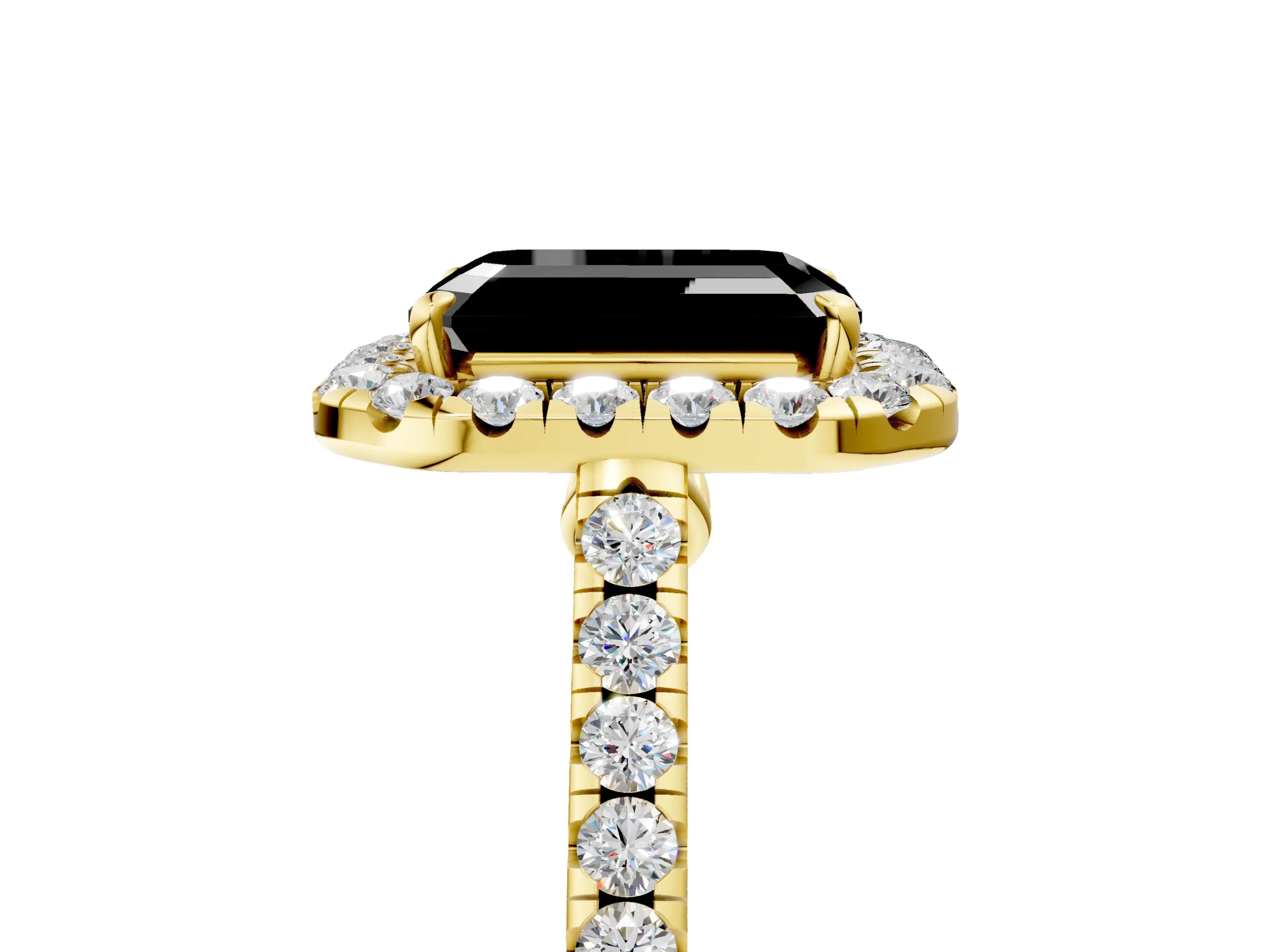 Yellow gold Fancy Black Emerald Cut Halo Pave Diamond Engagement Ring with Four-Prong Setting_5