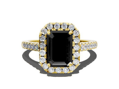 Yellow gold Fancy Black Emerald Cut Halo Pave Diamond Engagement Ring with Four-Prong Setting