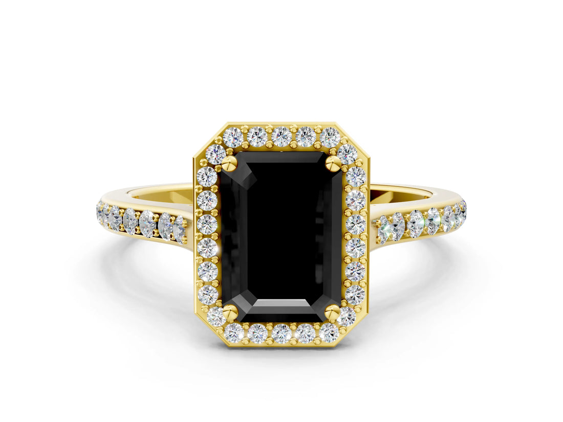 Yellow gold Fancy Black Emerald Cut Halo Round Diamond Pavé Band with Four-Prong Setting_3