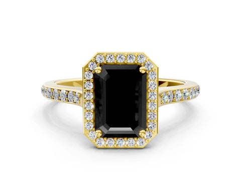 Yellow gold Fancy Black Emerald Cut Halo Round Diamond Pavé Band with Four-Prong Setting_3