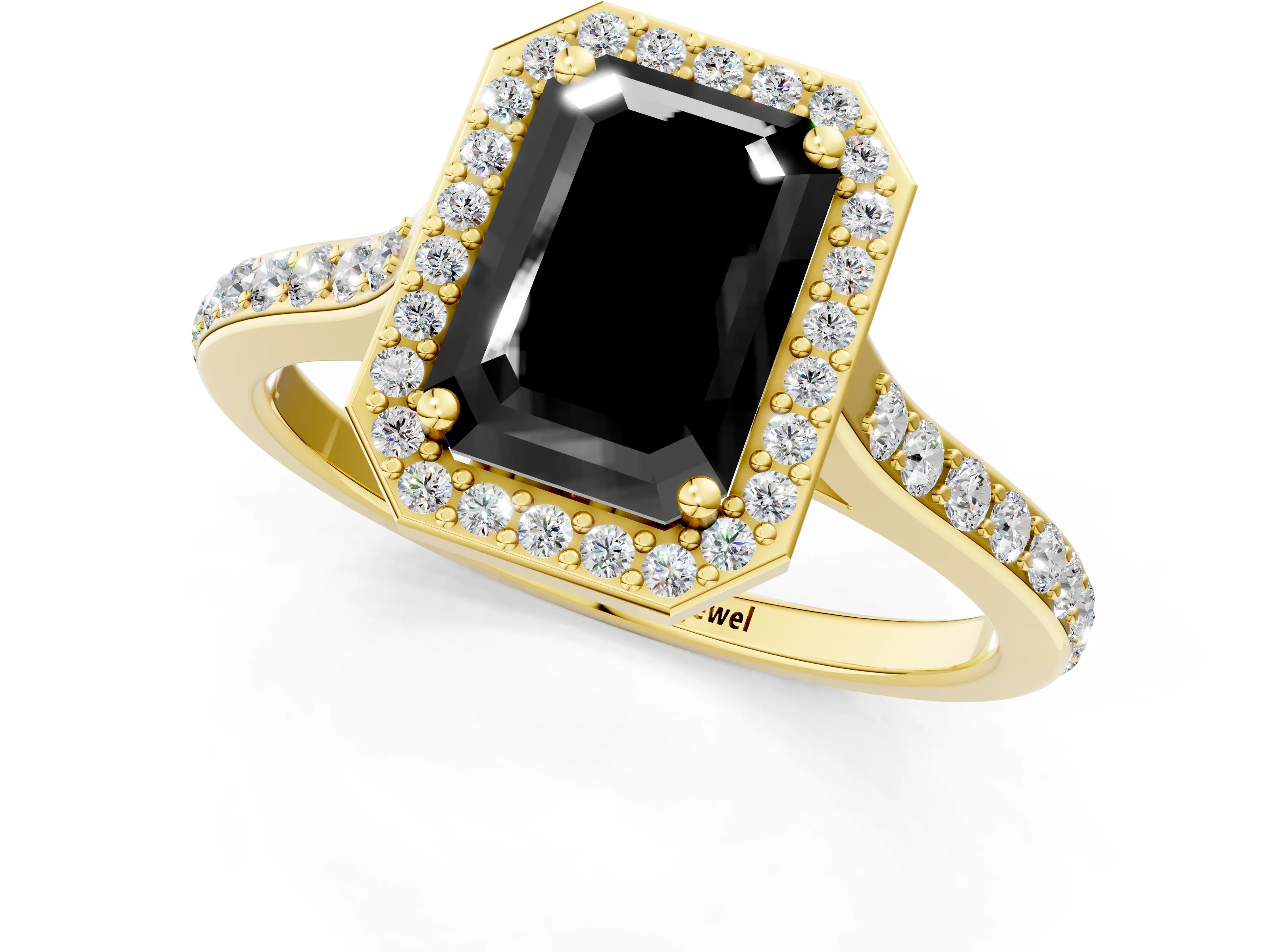Yellow gold Fancy Black Emerald Cut Halo Round Diamond Pavé Band with Four-Prong Setting_4