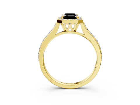 Yellow gold Fancy Black Emerald Cut Halo Round Diamond Pavé Band with Four-Prong Setting_6