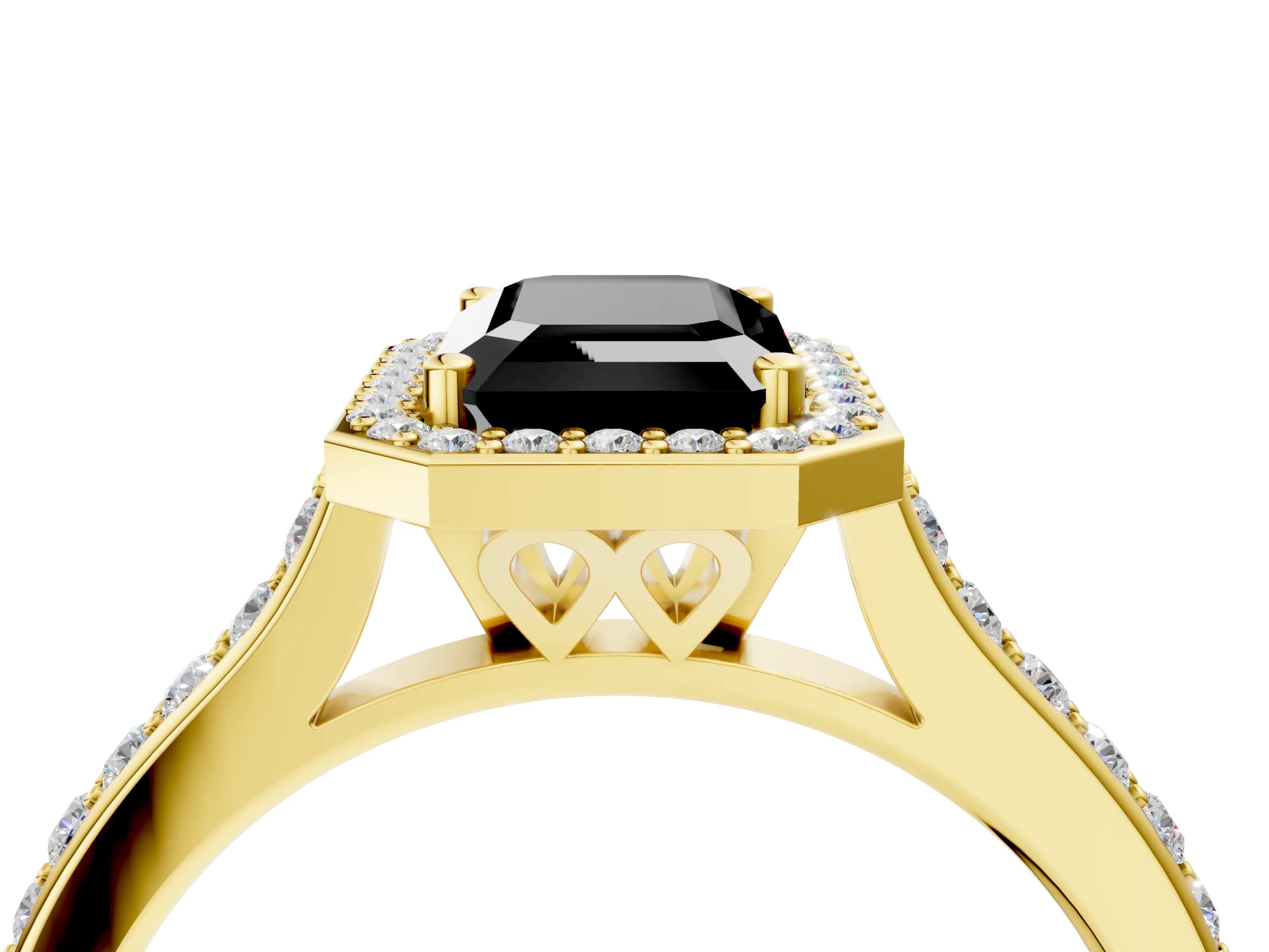 Yellow gold Fancy Black Emerald Cut Halo Round Diamond Pavé Band with Four-Prong Setting_7