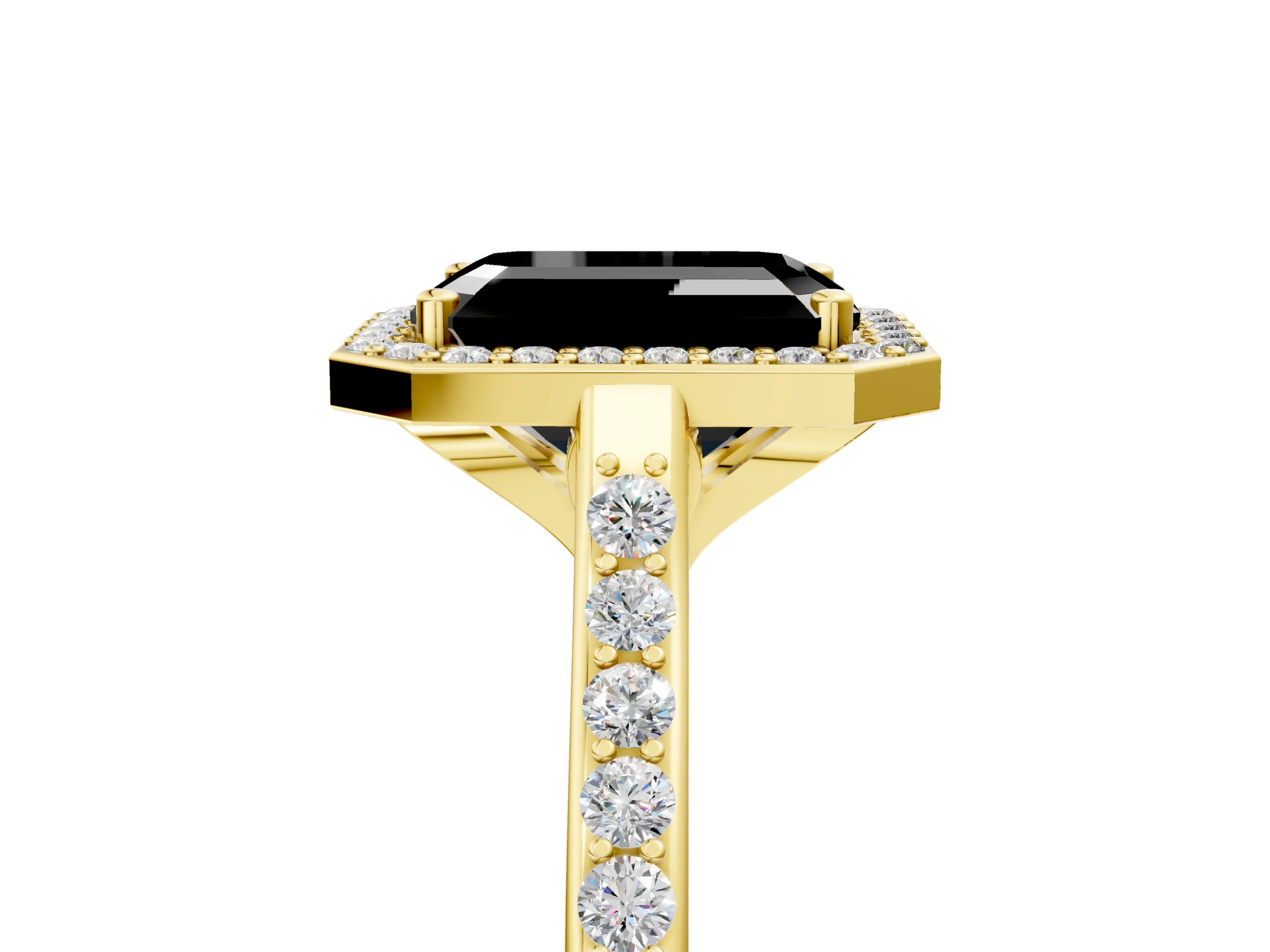 Yellow gold Fancy Black Emerald Cut Halo Round Diamond Pavé Band with Four-Prong Setting_8