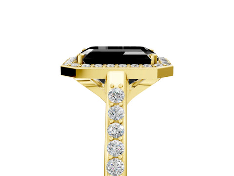 Yellow gold Fancy Black Emerald Cut Halo Round Diamond Pavé Band with Four-Prong Setting_8