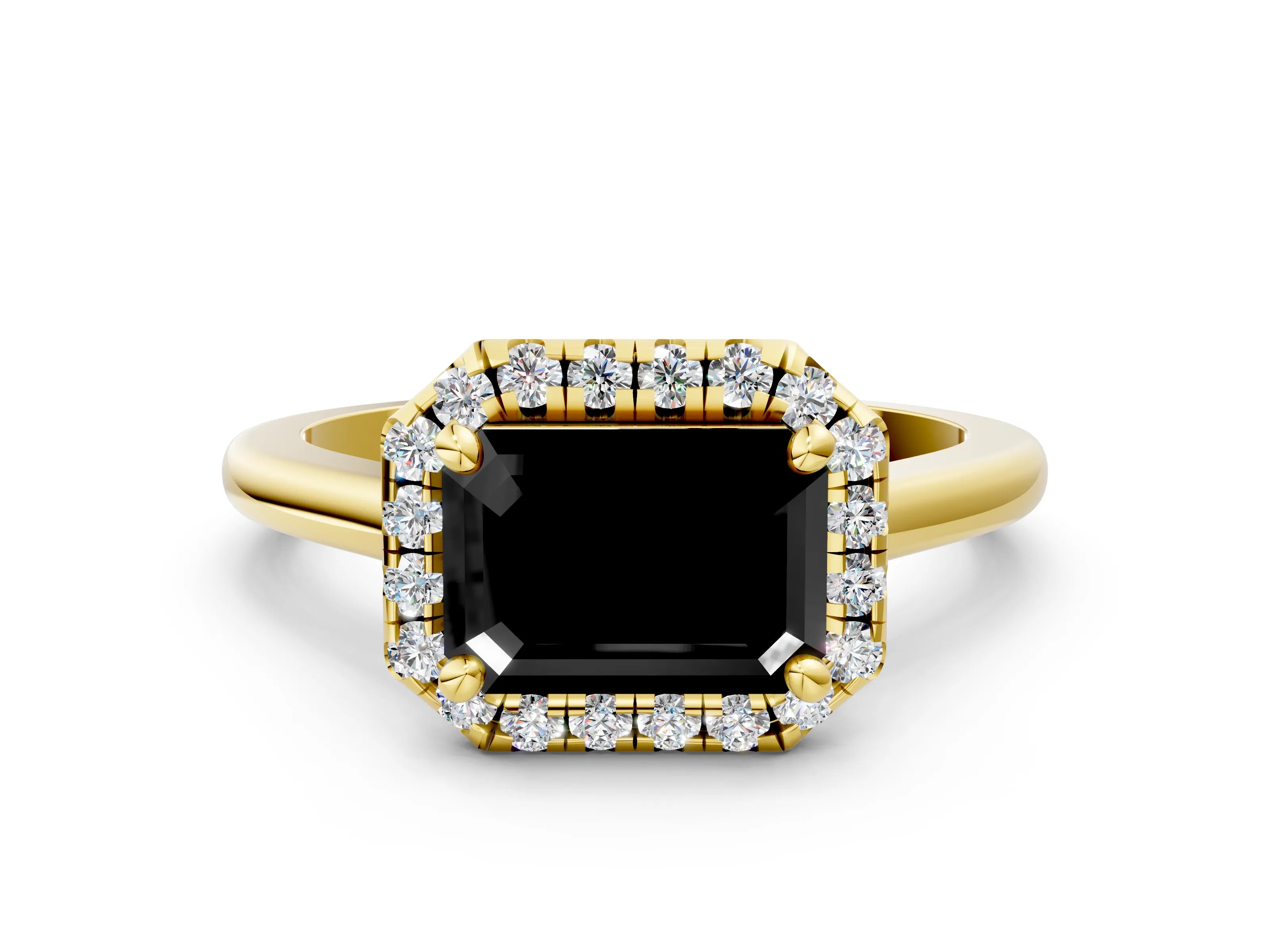 Yellow gold Fancy Black Emerald Cut Halo Round Diamond Solitaire Engagement Ring with Pave Band and Four-Prong Setting_12