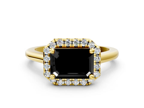 Yellow gold Fancy Black Emerald Cut Halo Round Diamond Solitaire Engagement Ring with Pave Band and Four-Prong Setting_12