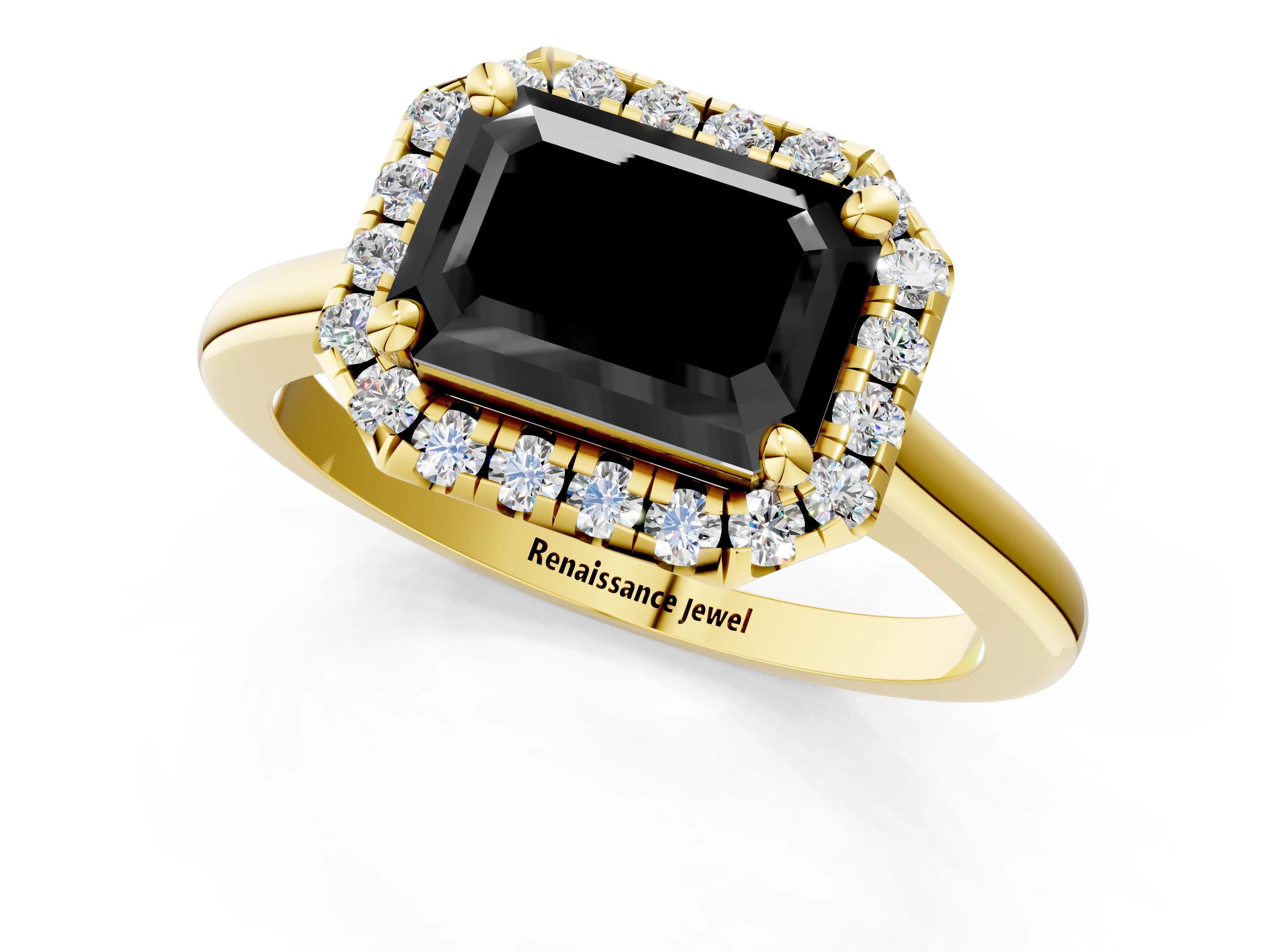 Yellow gold Fancy Black Emerald Cut Halo Round Diamond Solitaire Engagement Ring with Pave Band and Four-Prong Setting_13