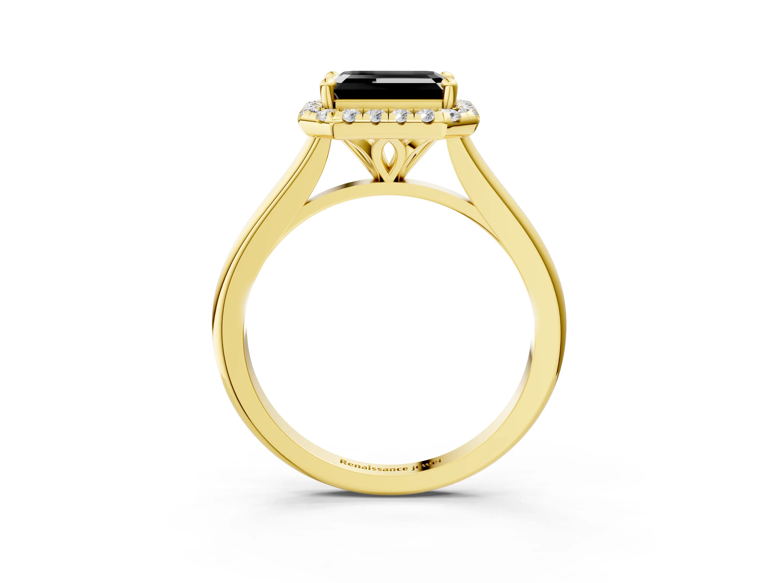 Yellow gold Fancy Black Emerald Cut Halo Round Diamond Solitaire Engagement Ring with Pave Band and Four-Prong Setting_15