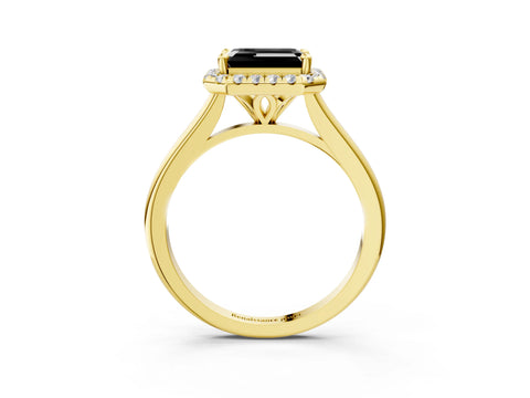 Yellow gold Fancy Black Emerald Cut Halo Round Diamond Solitaire Engagement Ring with Pave Band and Four-Prong Setting_15
