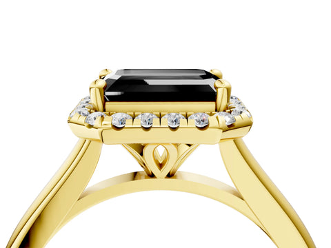 Yellow gold Fancy Black Emerald Cut Halo Round Diamond Solitaire Engagement Ring with Pave Band and Four-Prong Setting_16