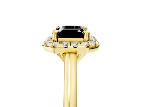 Yellow gold Fancy Black Emerald Cut Halo Round Diamond Solitaire Engagement Ring with Pave Band and Four-Prong Setting_17