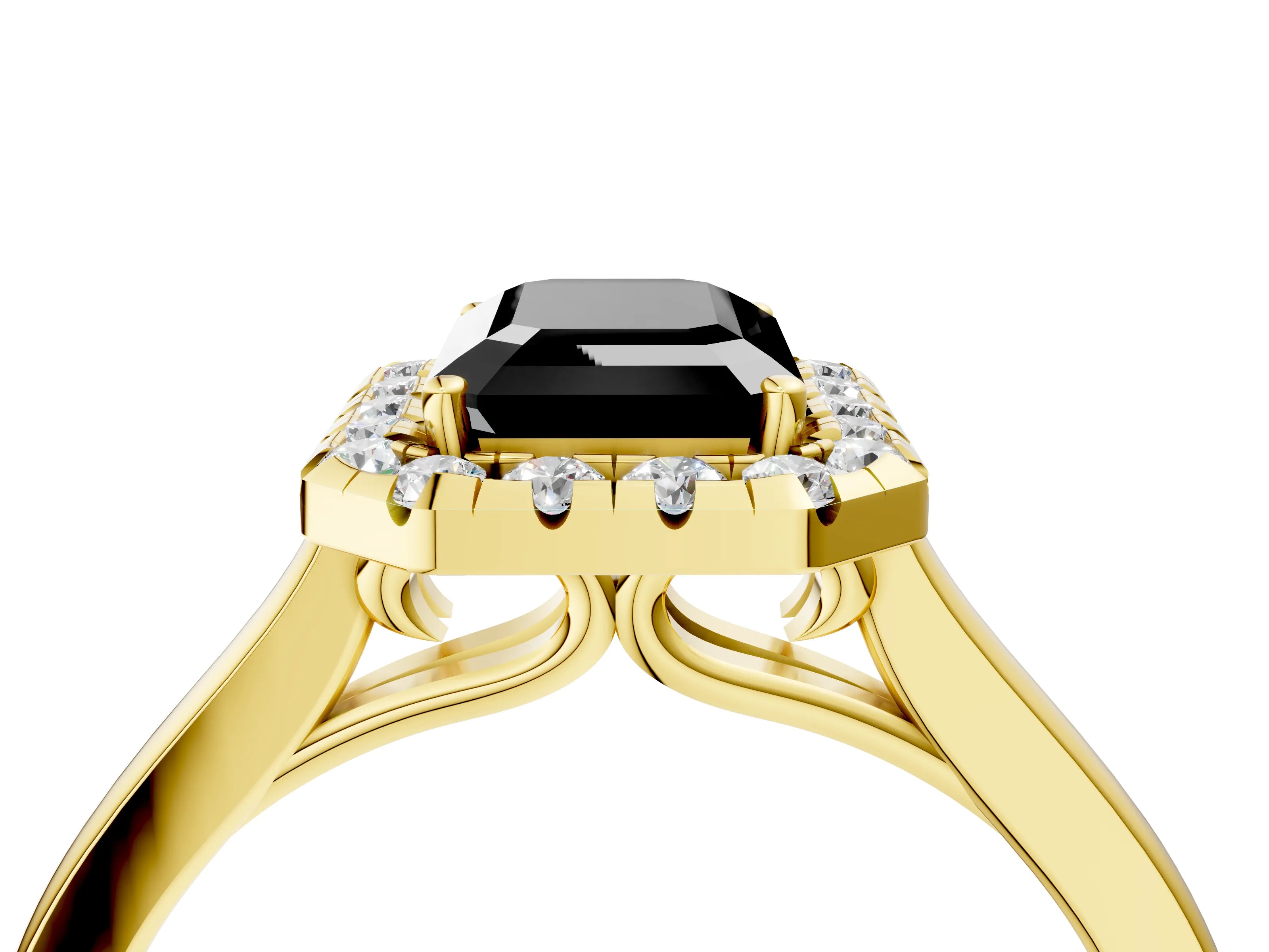 Yellow gold Fancy Black Emerald Cut Halo Round Diamond Solitaire Ring with Pavé Band and Four-Prong Setting_16