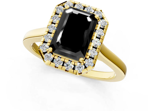 Yellow gold Fancy Black Emerald Cut Halo Round Diamond Solitaire Ring with Pavé Band and Four-Prong Setting_1