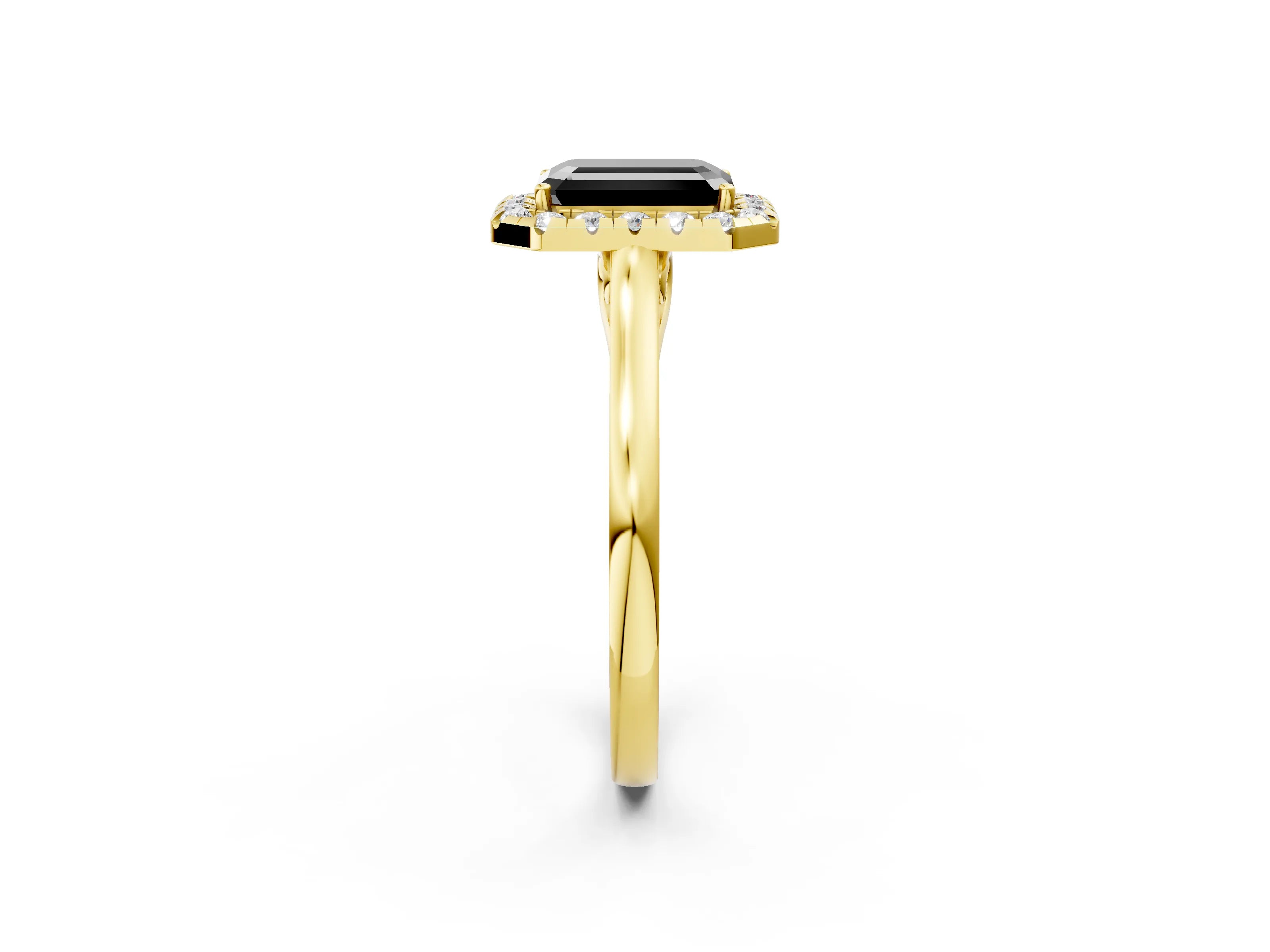 Yellow gold Fancy Black Emerald Cut Halo Round Diamond Solitaire Ring with Pavé Band and Four-Prong Setting_2