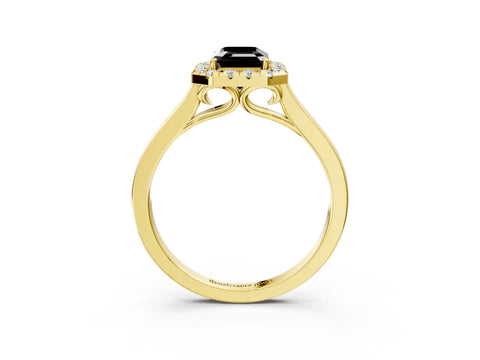 Yellow gold Fancy Black Emerald Cut Halo Round Diamond Solitaire Ring with Pavé Band and Four-Prong Setting_3