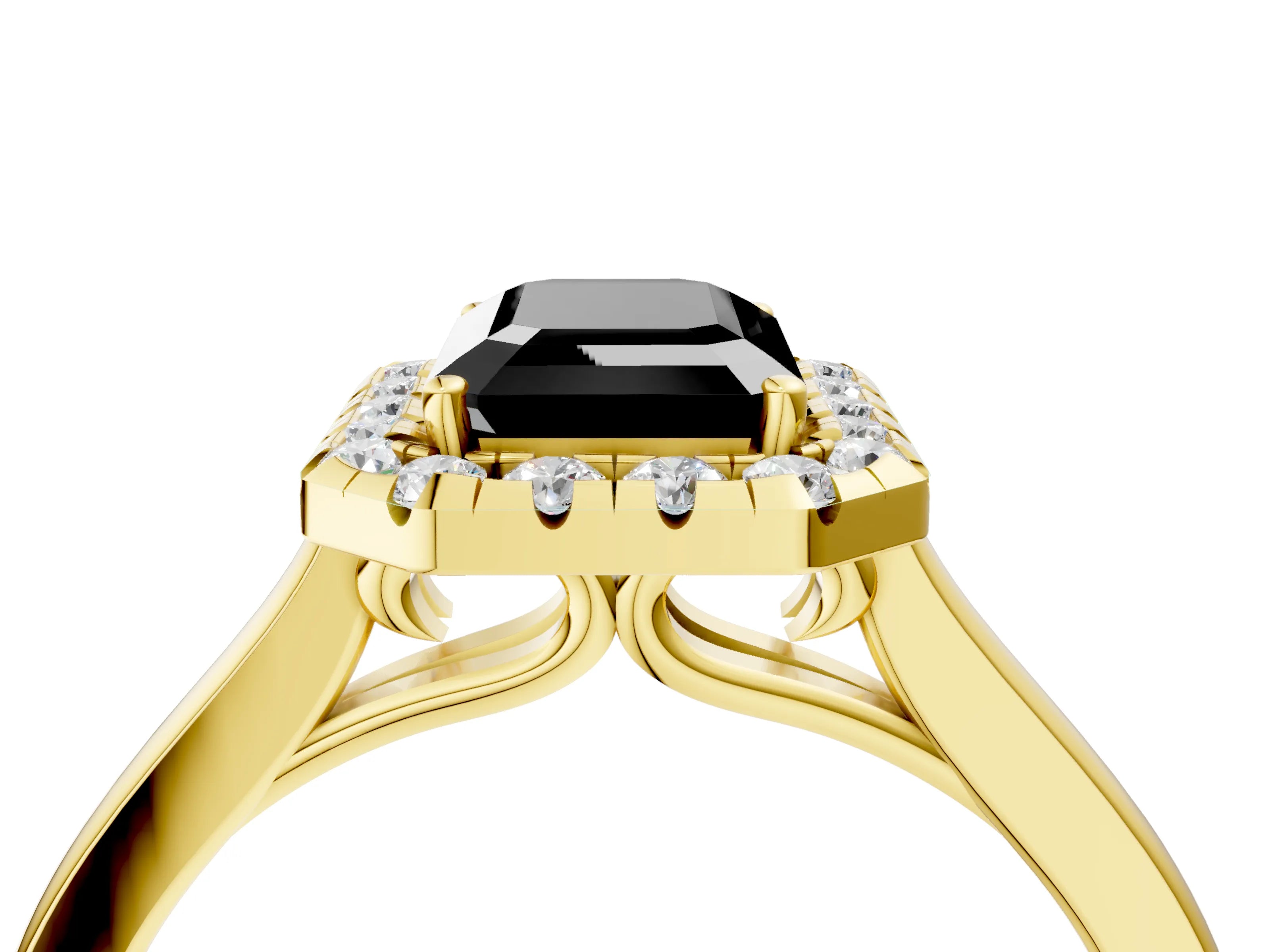 Yellow gold Fancy Black Emerald Cut Halo Round Diamond Solitaire Ring with Pavé Band and Four-Prong Setting_4